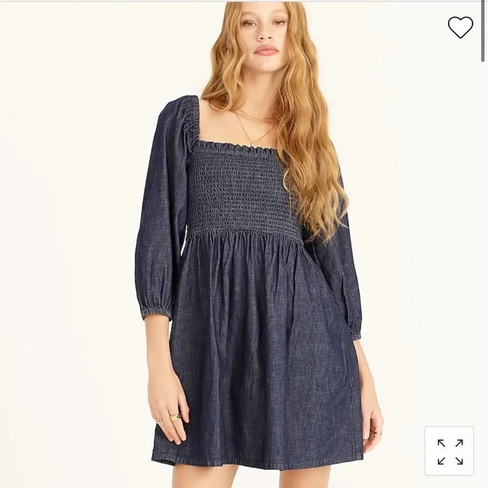 NWT. J. Crew Smocked Puff Sleeve Chambray Dress